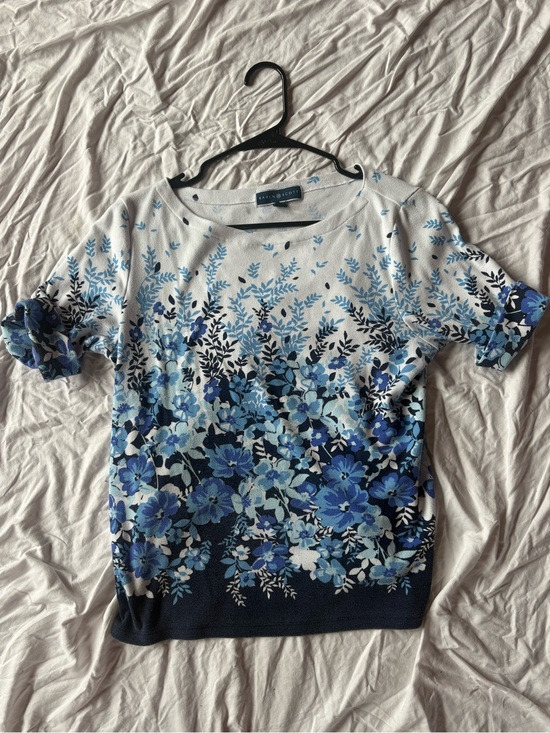 Karen Scott Tops - Karen Scott White Top with Light Blue Floral Print